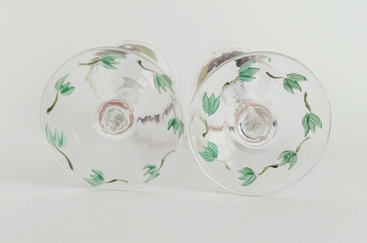 Vintage Hand Painted Wine Glasses Set of 2 Grapevine Goblets Italian Style Art Glass Purple Grapes Striped Stem Bell Bowl Cottagecore Decor, view 11