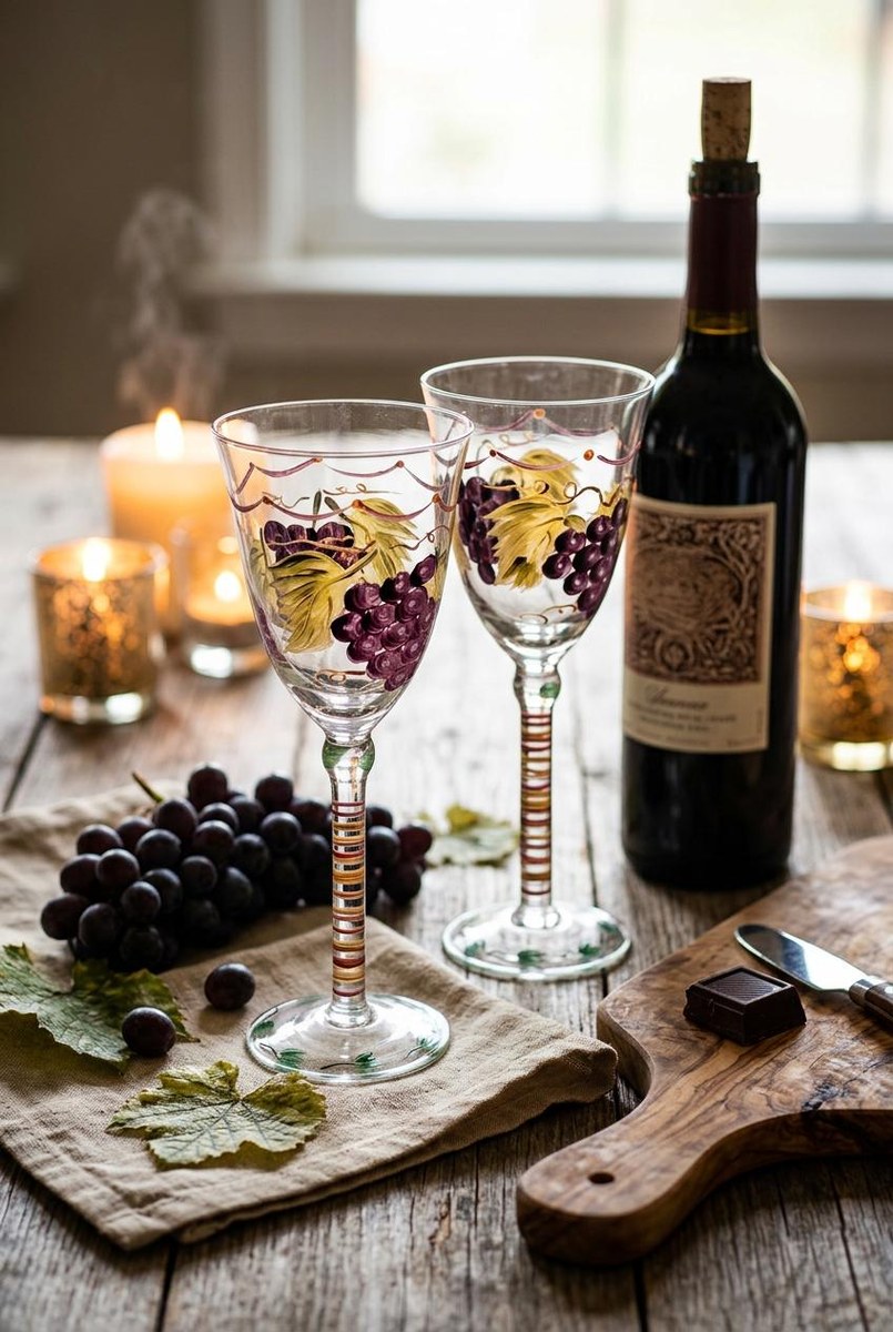 Vintage Hand Painted Wine Glasses Set of 2 Grapevine Goblets Italian Style Art Glass Purple Grapes Striped Stem Bell Bowl Cottagecore Decor, view 12