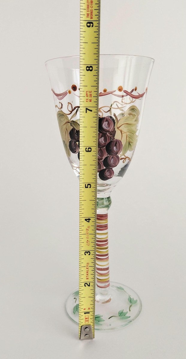 Vintage Hand Painted Wine Glasses Set of 2 Grapevine Goblets Italian Style Art Glass Purple Grapes Striped Stem Bell Bowl Cottagecore Decor, view 14