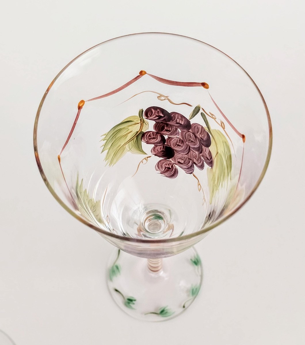 Vintage Hand Painted Wine Glasses Set of 2 Grapevine Goblets Italian Style Art Glass Purple Grapes Striped Stem Bell Bowl Cottagecore Decor, view 17