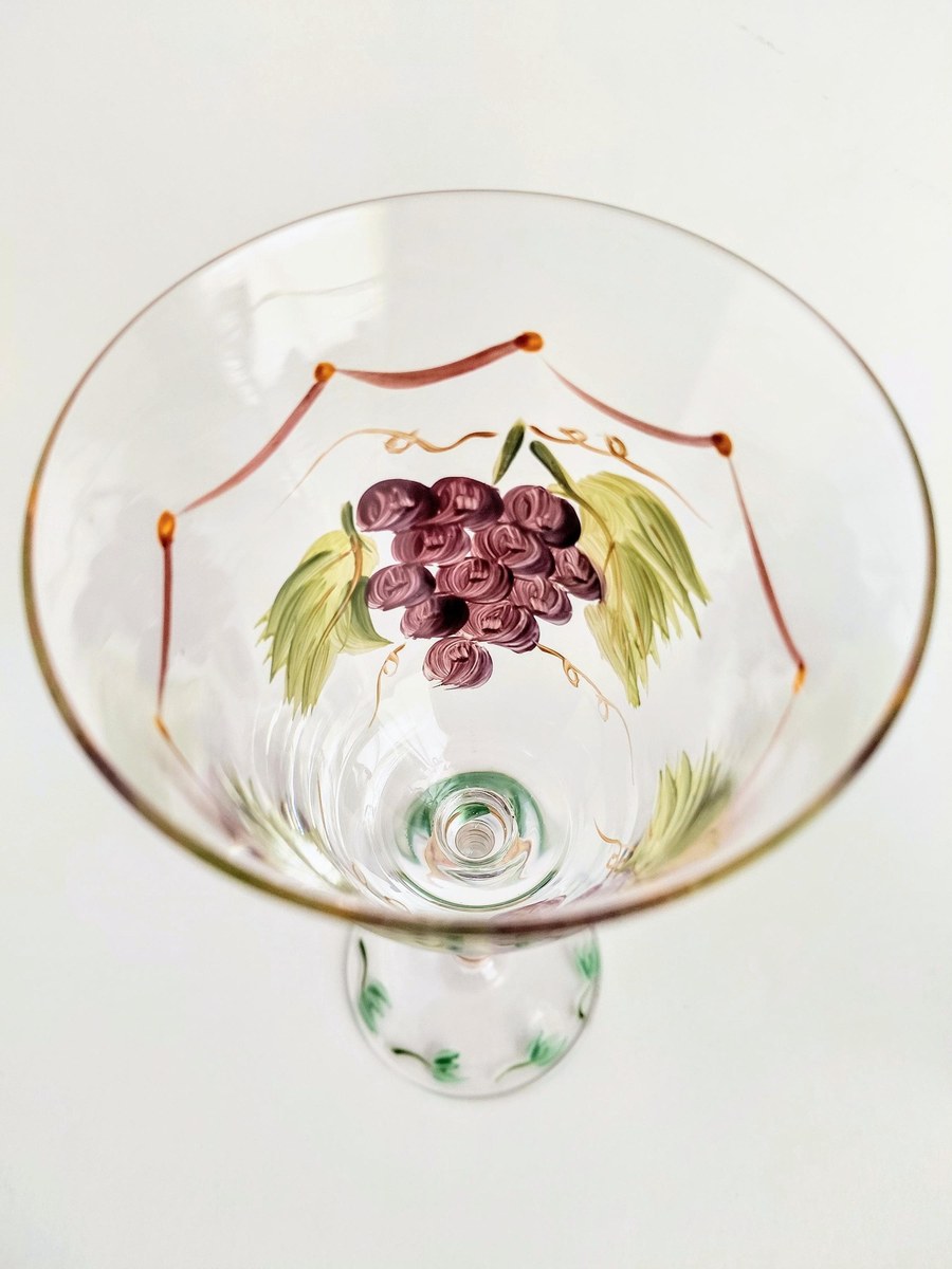 Vintage Hand Painted Wine Glasses Set of 2 Grapevine Goblets Italian Style Art Glass Purple Grapes Striped Stem Bell Bowl Cottagecore Decor, view 18