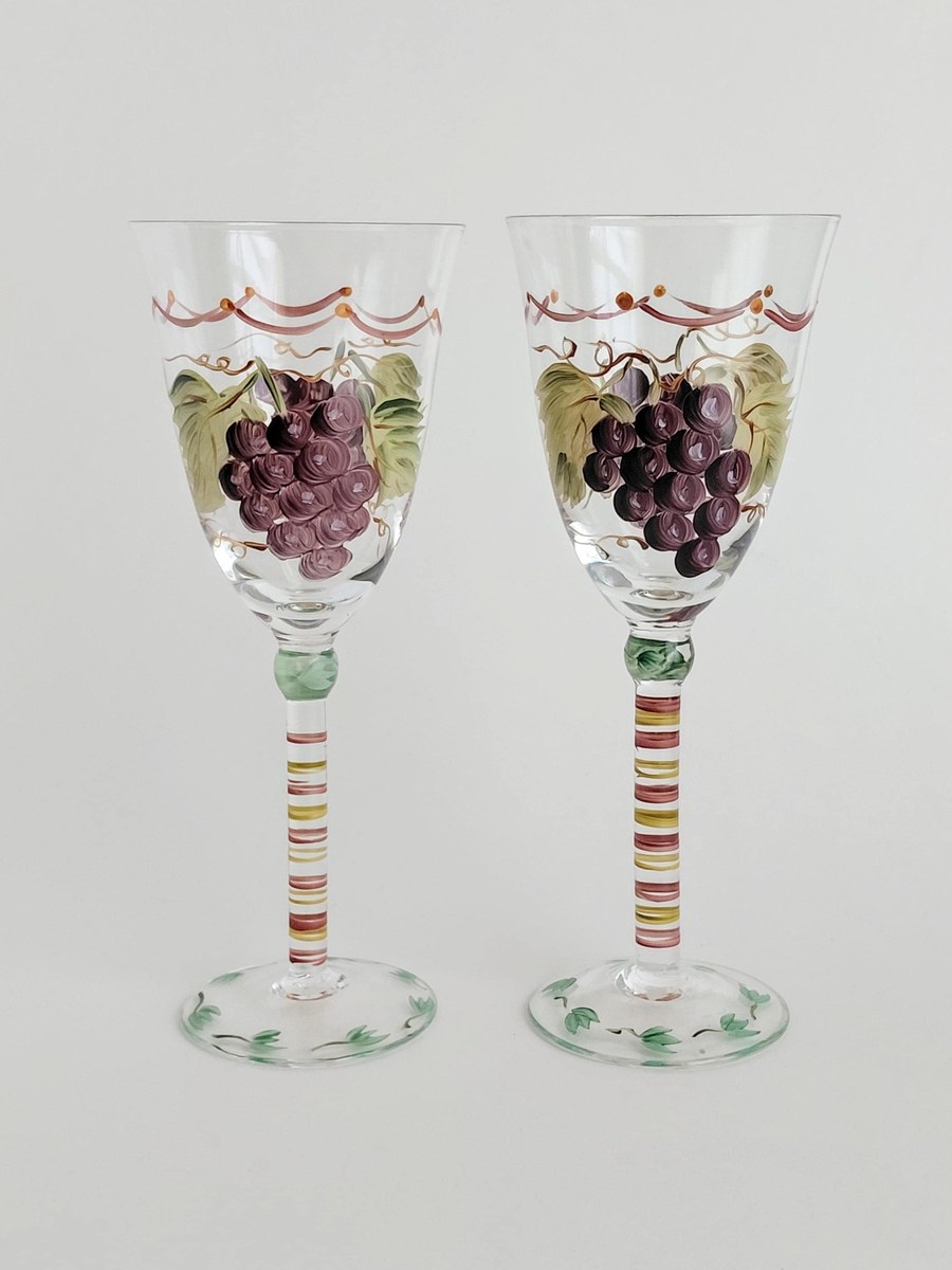 Vintage Hand Painted Wine Glasses Set of 2 Grapevine Goblets Italian Style Art Glass Purple Grapes Striped Stem Bell Bowl Cottagecore Decor, view 2