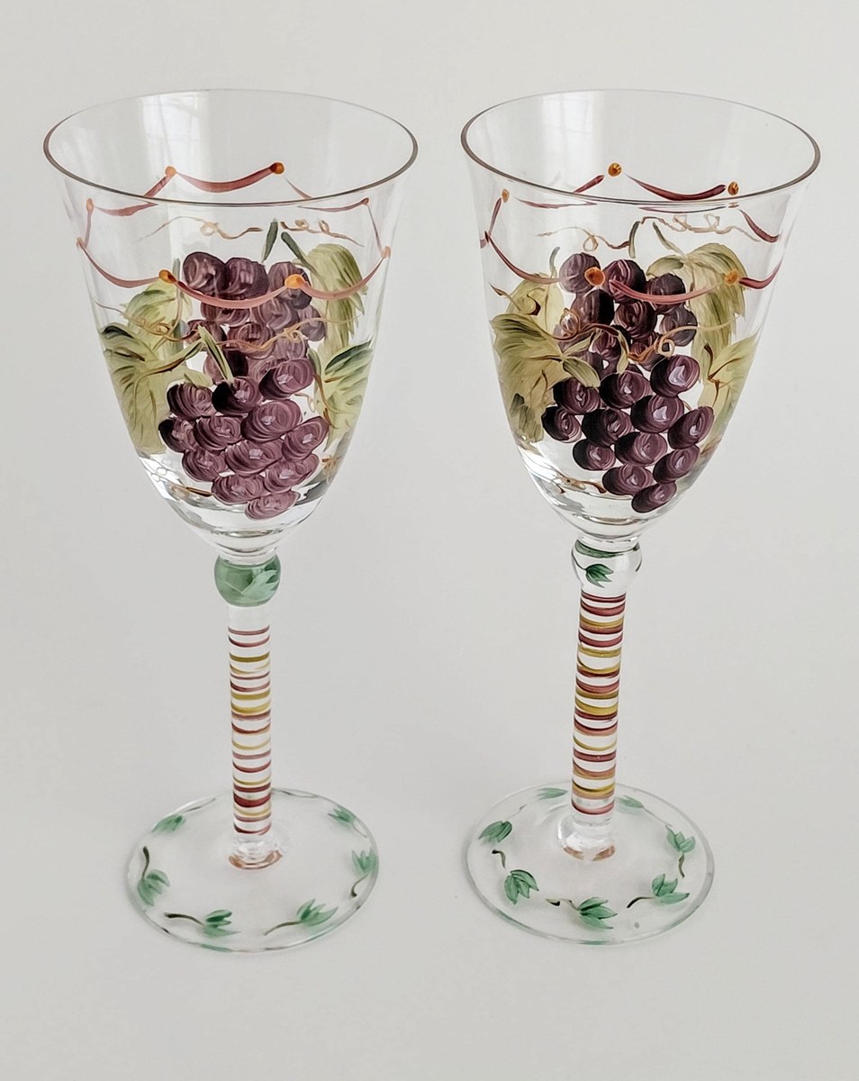 Vintage Hand Painted Wine Glasses Set of 2 Grapevine Goblets Italian Style Art Glass Purple Grapes Striped Stem Bell Bowl Cottagecore Decor, view 3