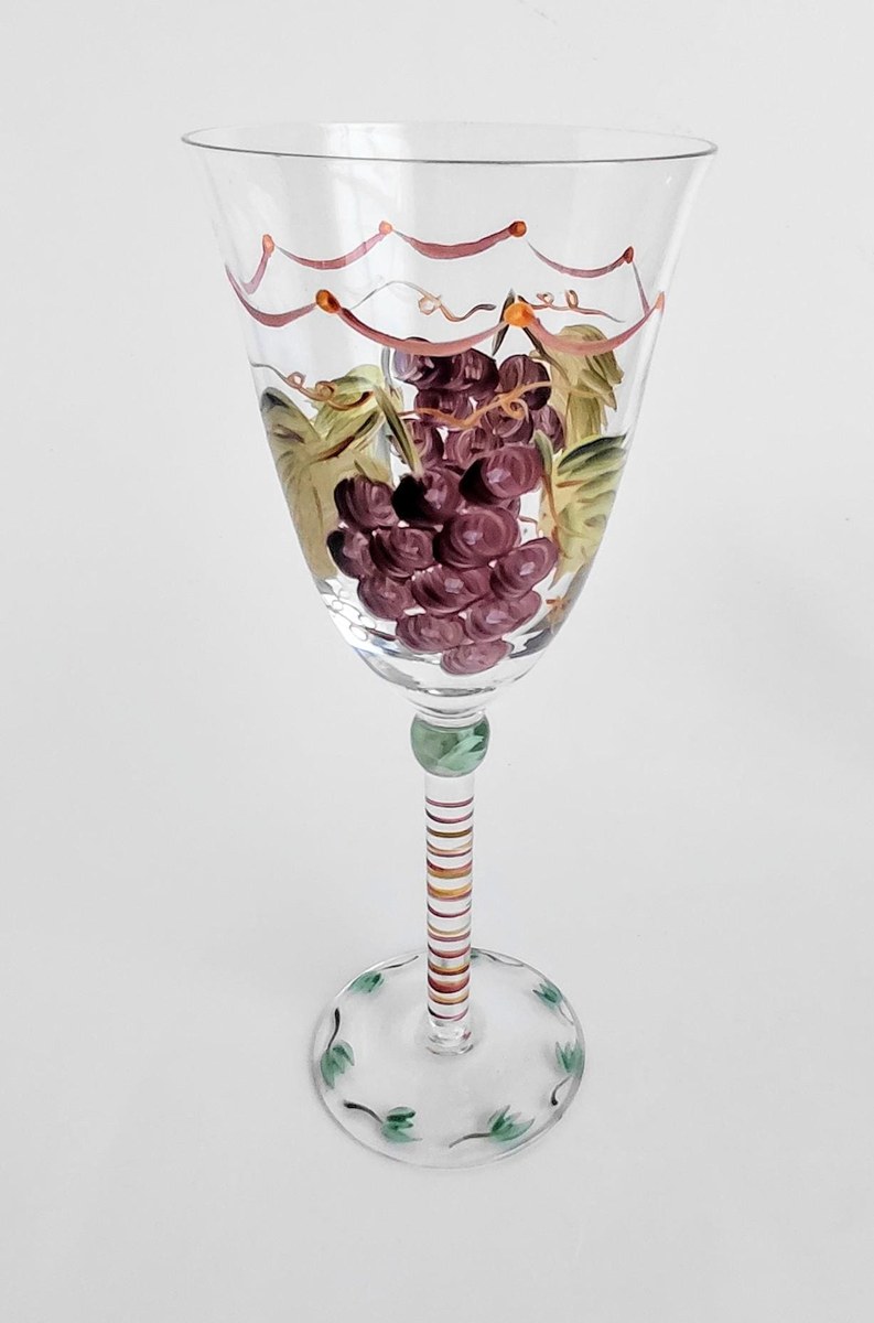 Vintage Hand Painted Wine Glasses Set of 2 Grapevine Goblets Italian Style Art Glass Purple Grapes Striped Stem Bell Bowl Cottagecore Decor, view 4