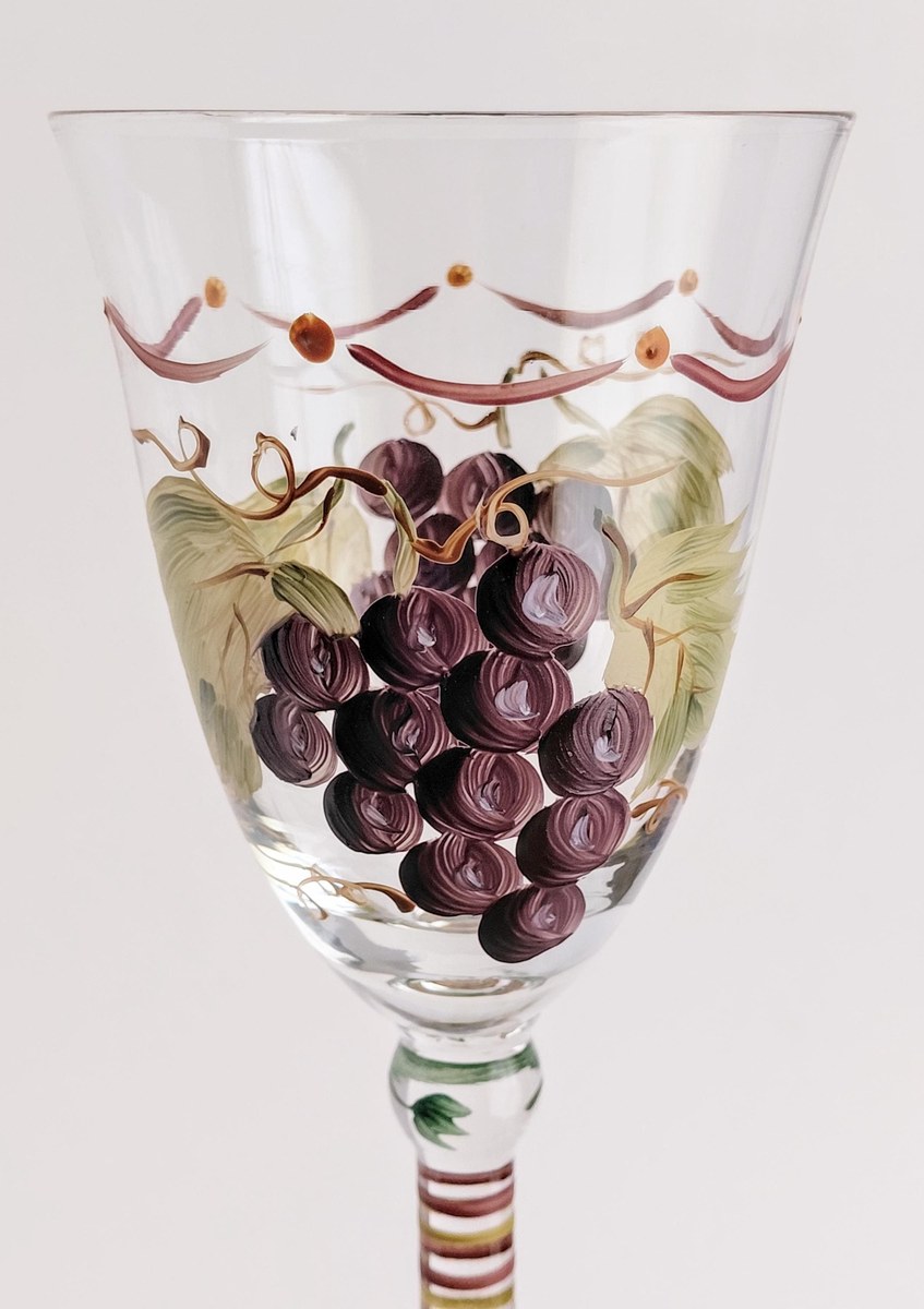 Vintage Hand Painted Wine Glasses Set of 2 Grapevine Goblets Italian Style Art Glass Purple Grapes Striped Stem Bell Bowl Cottagecore Decor, view 5
