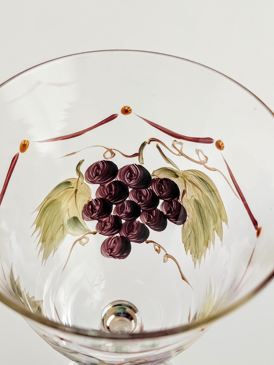 Vintage Hand Painted Wine Glasses Set of 2 Grapevine Goblets Italian Style Art Glass Purple Grapes Striped Stem Bell Bowl Cottagecore Decor, view 6