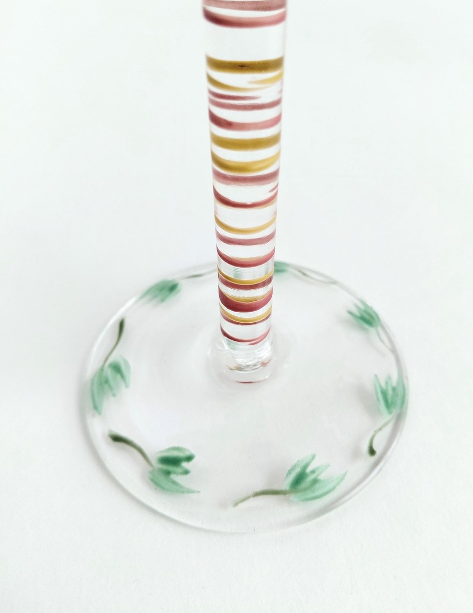 Vintage Hand Painted Wine Glasses Set of 2 Grapevine Goblets Italian Style Art Glass Purple Grapes Striped Stem Bell Bowl Cottagecore Decor, view 8