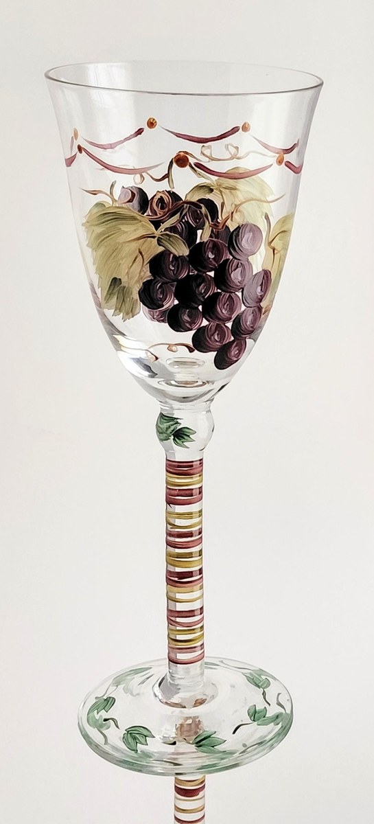 Vintage Hand Painted Wine Glasses Set of 2 Grapevine Goblets Italian Style Art Glass Purple Grapes Striped Stem Bell Bowl Cottagecore Decor, view 9