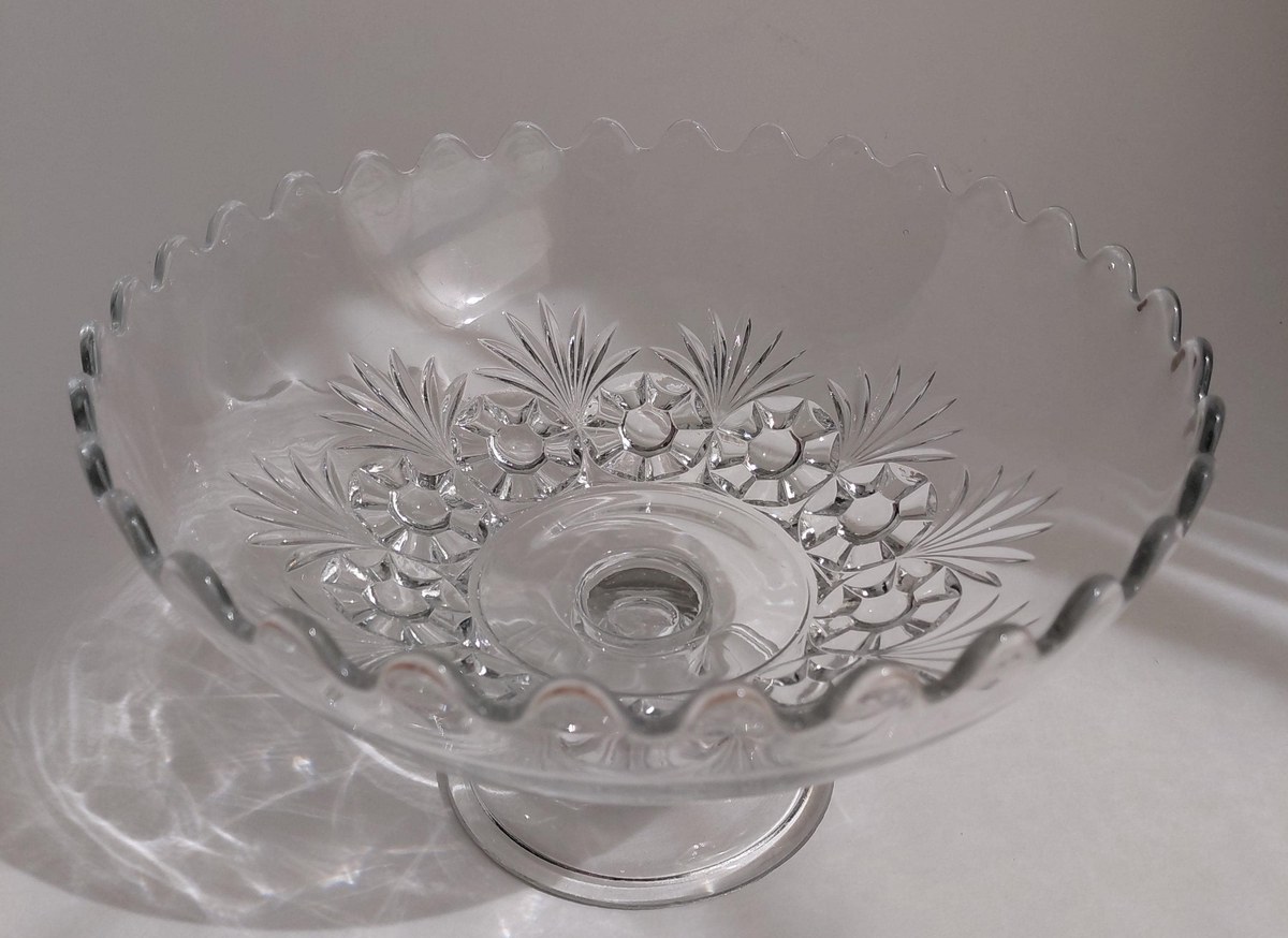 Antique Bryce Higbee Charm EAPG Compote, Rosette Palms Pressed Glass Bowl, Victorian Pedestal Dish c1900, view 15