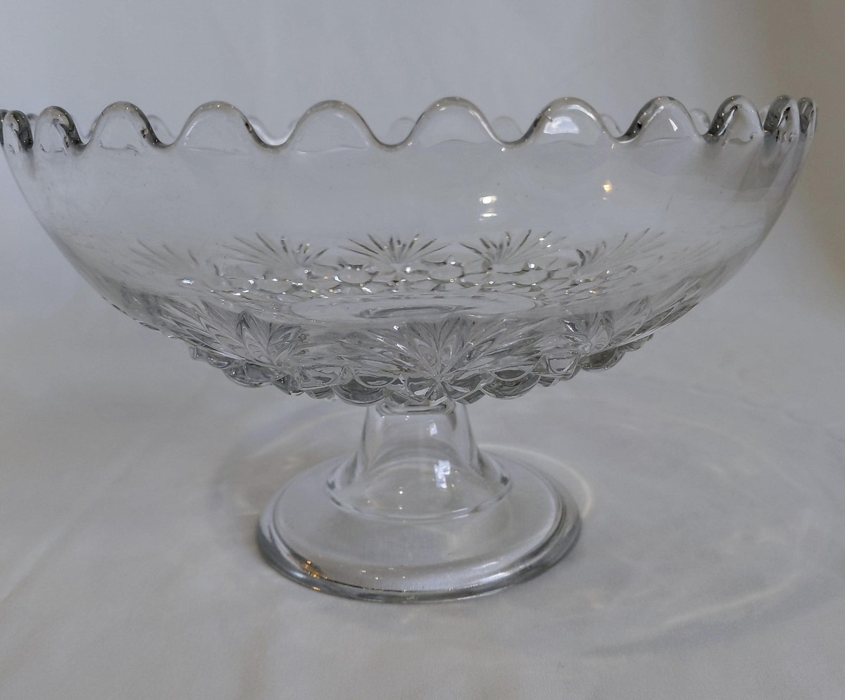 Antique Bryce Higbee Charm EAPG Compote, Rosette Palms Pressed Glass Bowl, Victorian Pedestal Dish c1900, view 2
