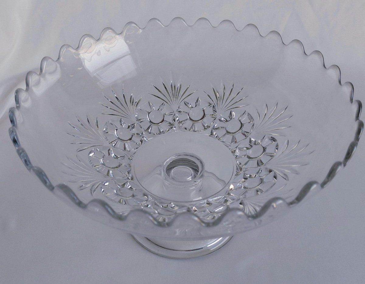 Antique Bryce Higbee Charm EAPG Compote, Rosette Palms Pressed Glass Bowl, Victorian Pedestal Dish c1900, view 3