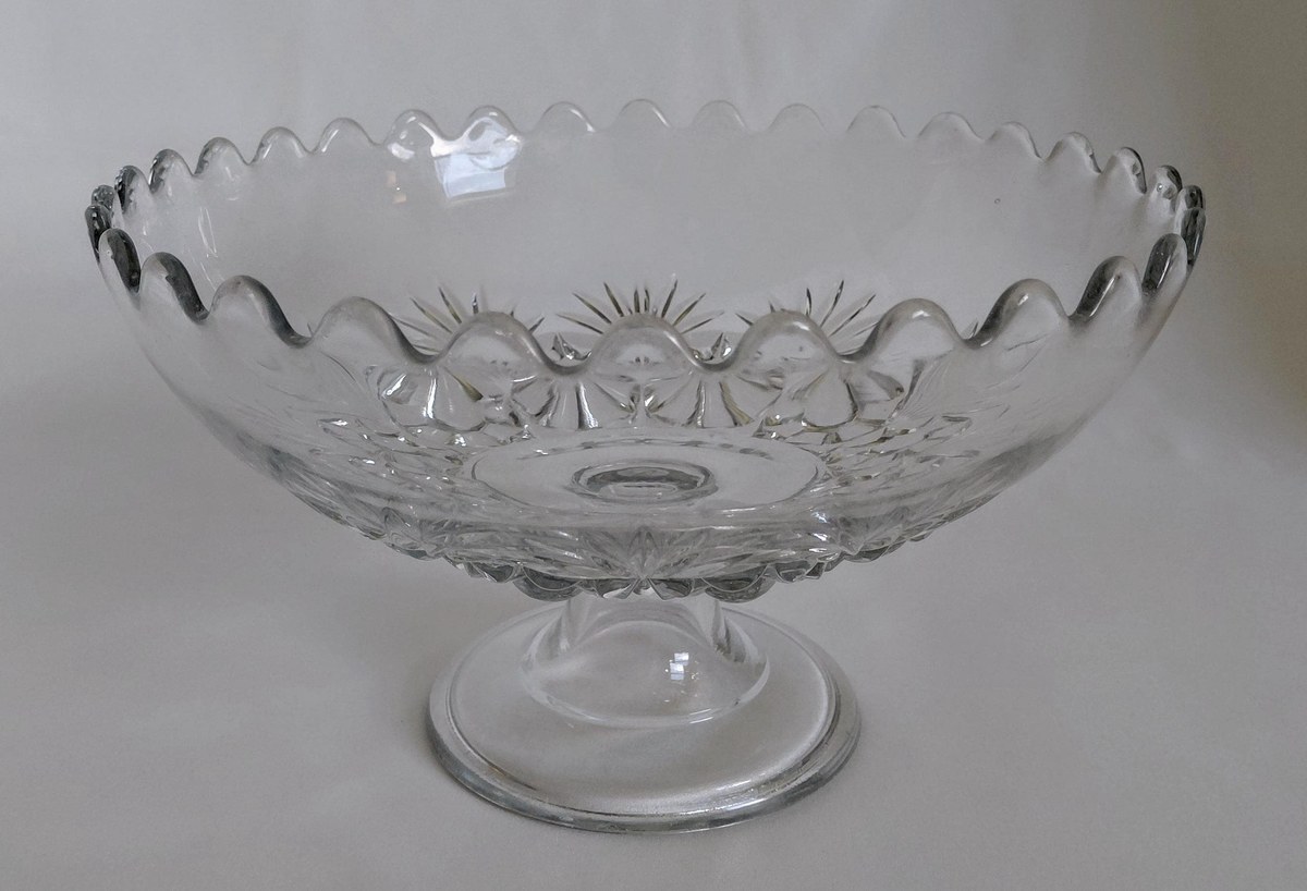 Antique Bryce Higbee Charm EAPG Compote, Rosette Palms Pressed Glass Bowl, Victorian Pedestal Dish c1900, view 4