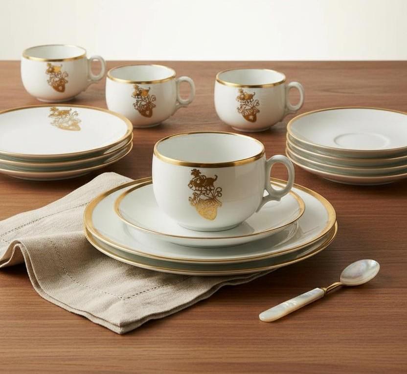 Vintage Weimar Germany Bone China Tea Set Hand Painted Heraldic Crest Gold Gilt Cups Saucers Dessert Plates Mid Century