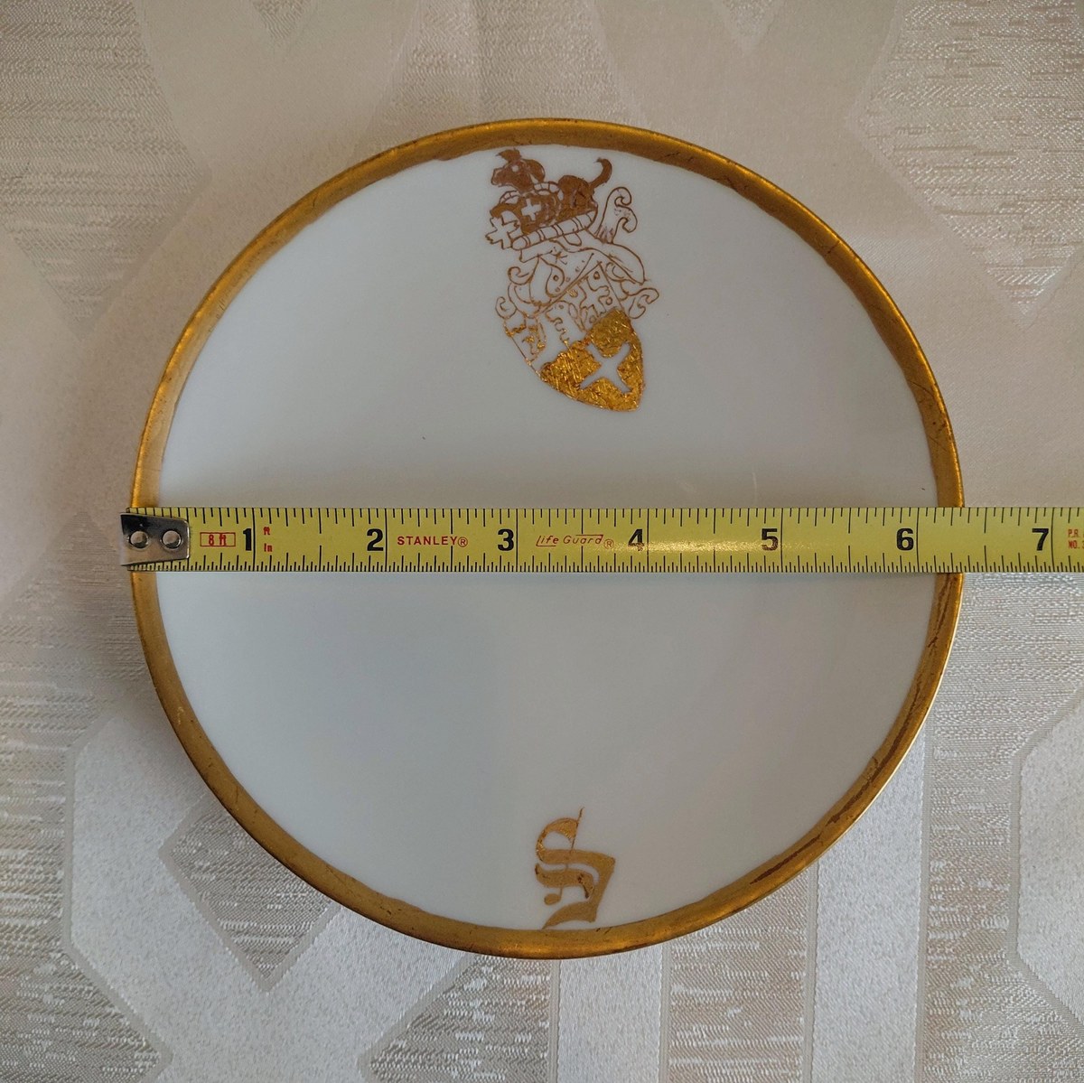 Vintage Weimar Germany Bone China Tea Set Hand Painted Heraldic Crest Gold Gilt Cups Saucers Dessert Plates Mid Century, view 15