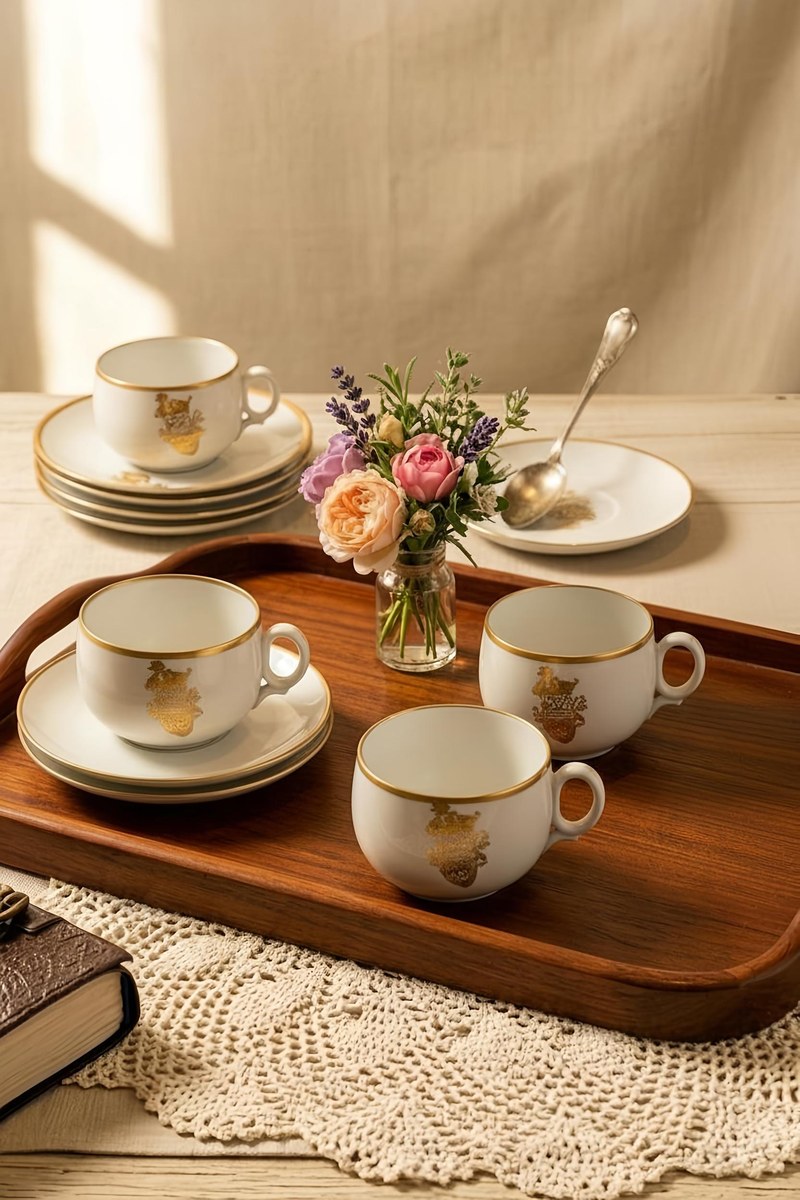 Vintage Weimar Germany Bone China Tea Set Hand Painted Heraldic Crest Gold Gilt Cups Saucers Dessert Plates Mid Century, view 18