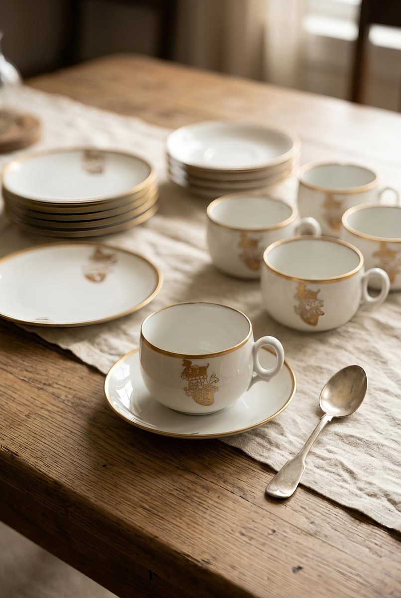 Vintage Weimar Germany Bone China Tea Set Hand Painted Heraldic Crest Gold Gilt Cups Saucers Dessert Plates Mid Century, view 19