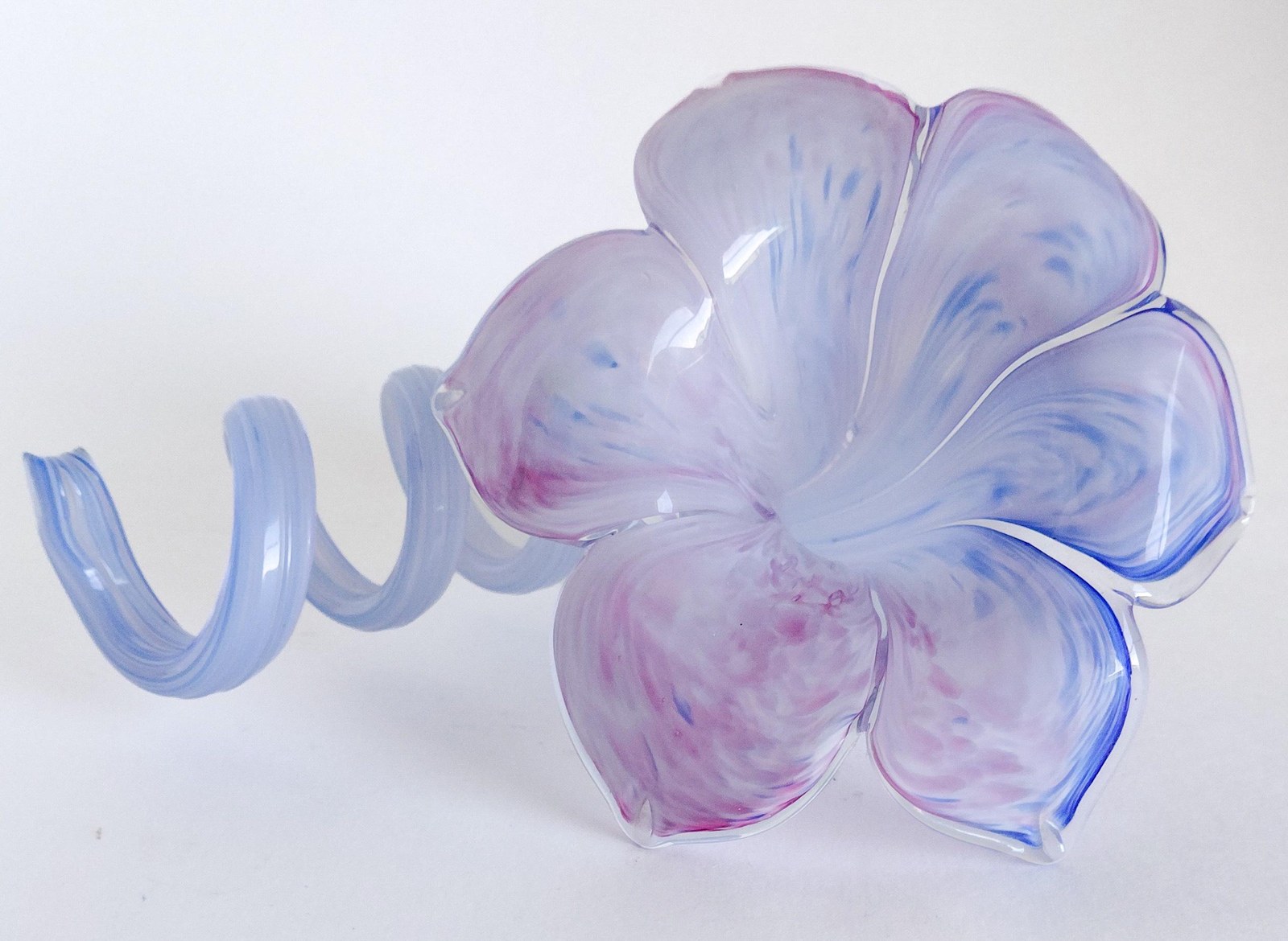 Vintage Hand Blown Art Glass Flower Sculpture 7 Inch Pink Blue Studio Glass Ribbon Decor