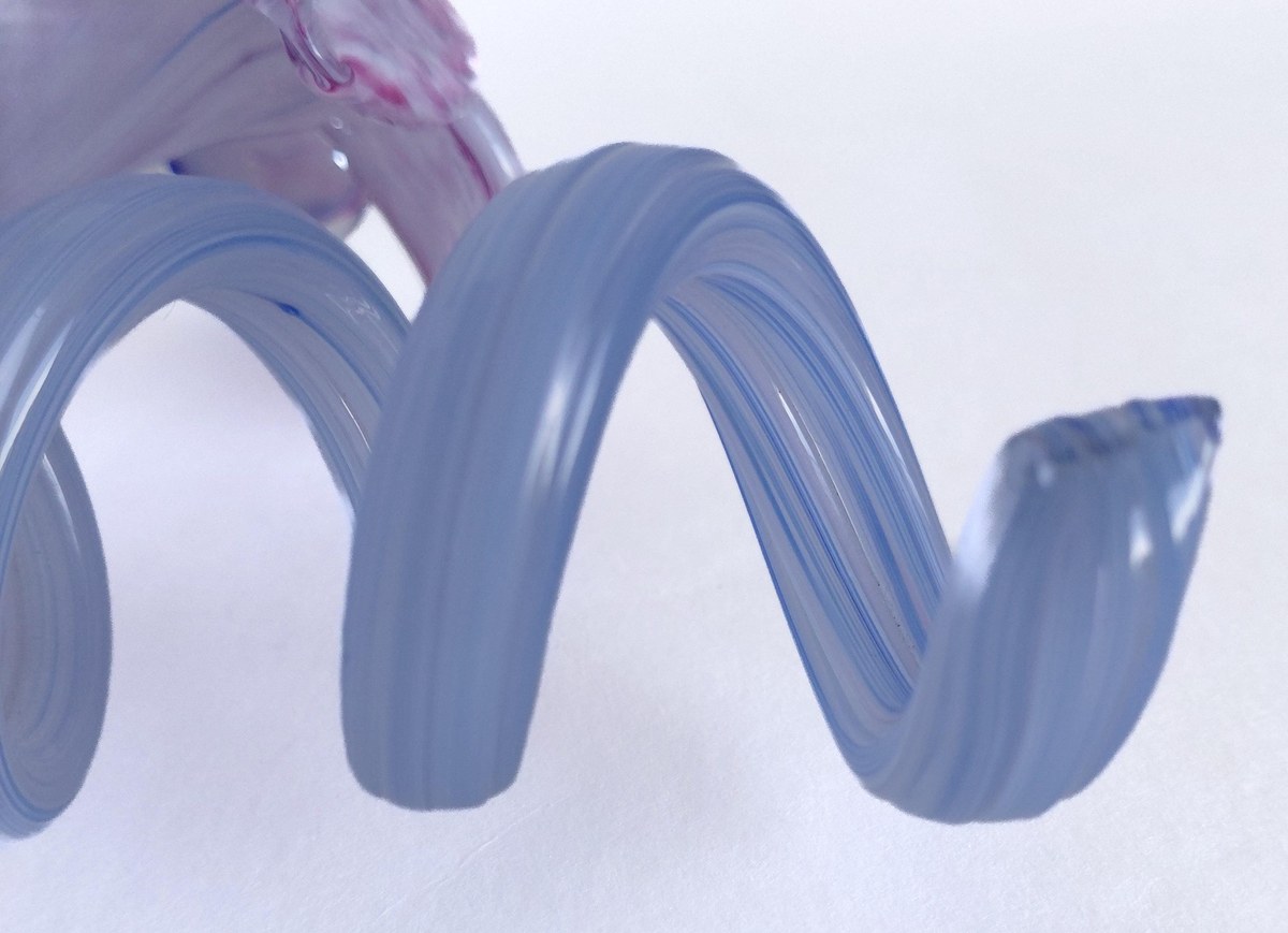 Vintage Hand Blown Art Glass Flower Sculpture 7 Inch Pink Blue Studio Glass Ribbon Decor, view 10