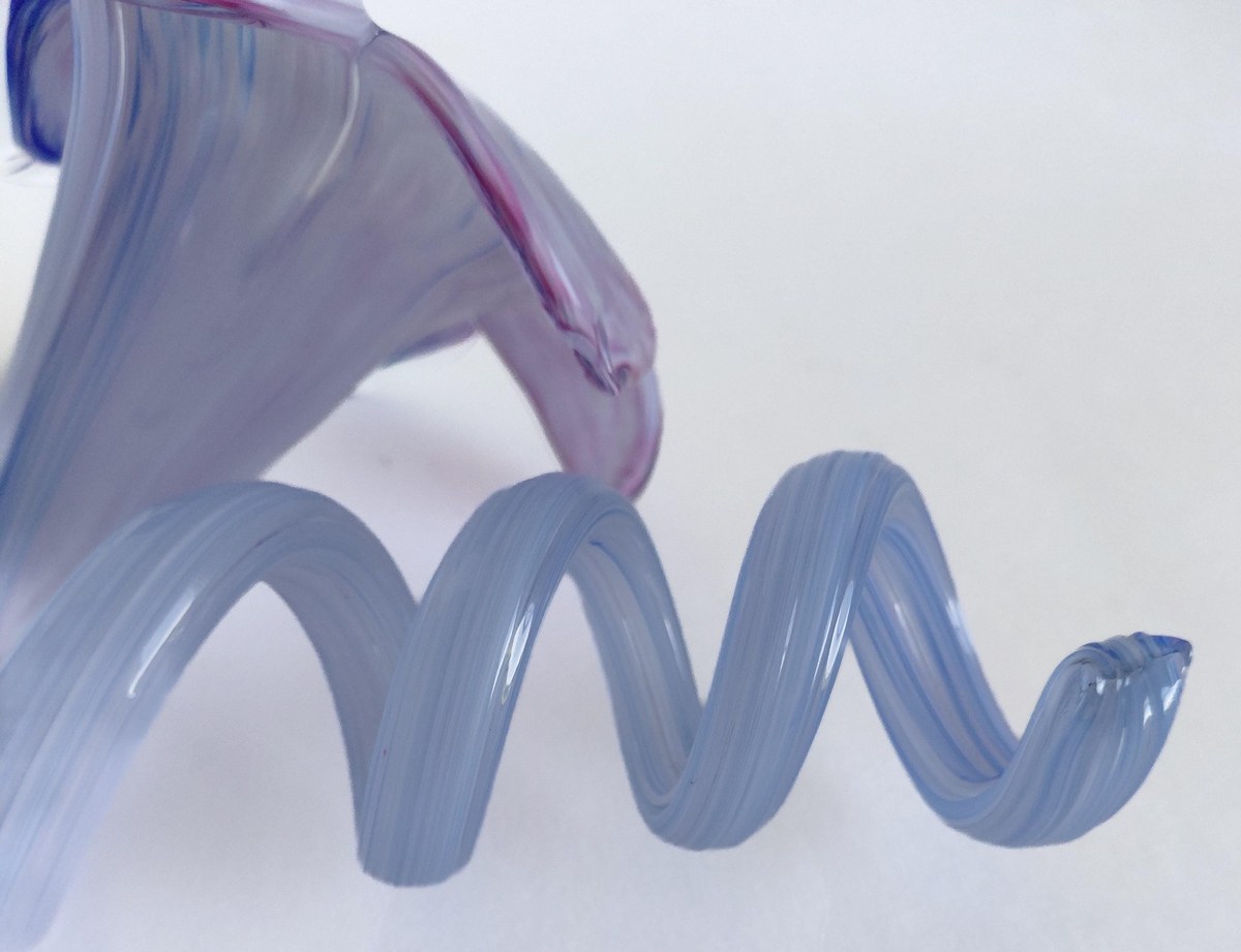 Vintage Hand Blown Art Glass Flower Sculpture 7 Inch Pink Blue Studio Glass Ribbon Decor, view 11