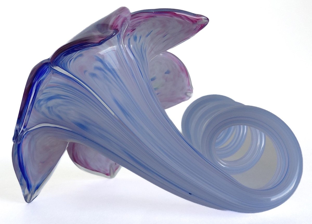 Vintage Hand Blown Art Glass Flower Sculpture 7 Inch Pink Blue Studio Glass Ribbon Decor, view 12