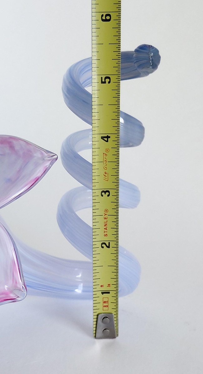 Vintage Hand Blown Art Glass Flower Sculpture 7 Inch Pink Blue Studio Glass Ribbon Decor, view 13