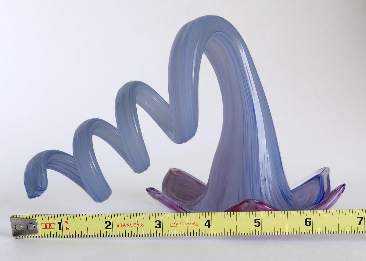 Vintage Hand Blown Art Glass Flower Sculpture 7 Inch Pink Blue Studio Glass Ribbon Decor, view 14