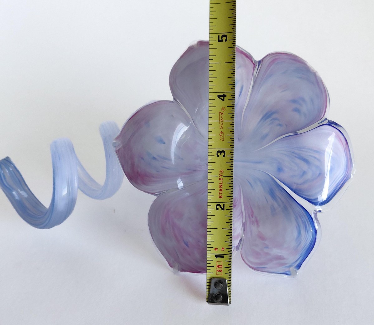 Vintage Hand Blown Art Glass Flower Sculpture 7 Inch Pink Blue Studio Glass Ribbon Decor, view 15