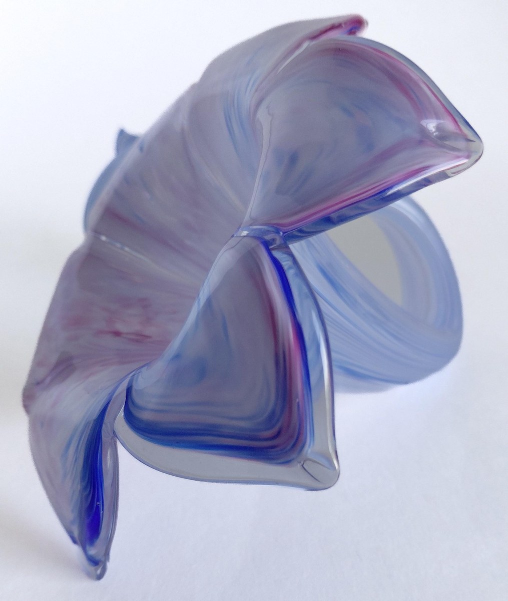 Vintage Hand Blown Art Glass Flower Sculpture 7 Inch Pink Blue Studio Glass Ribbon Decor, view 16