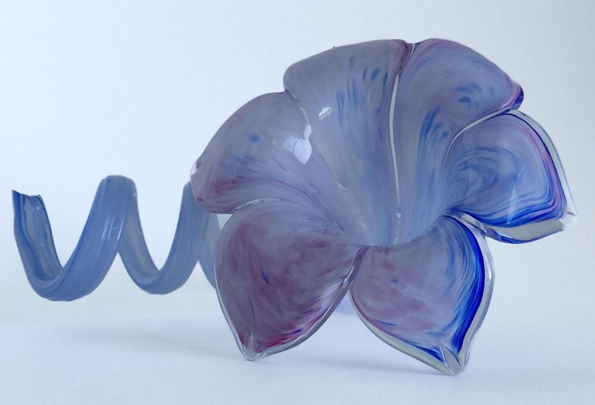 Vintage Hand Blown Art Glass Flower Sculpture 7 Inch Pink Blue Studio Glass Ribbon Decor, view 17