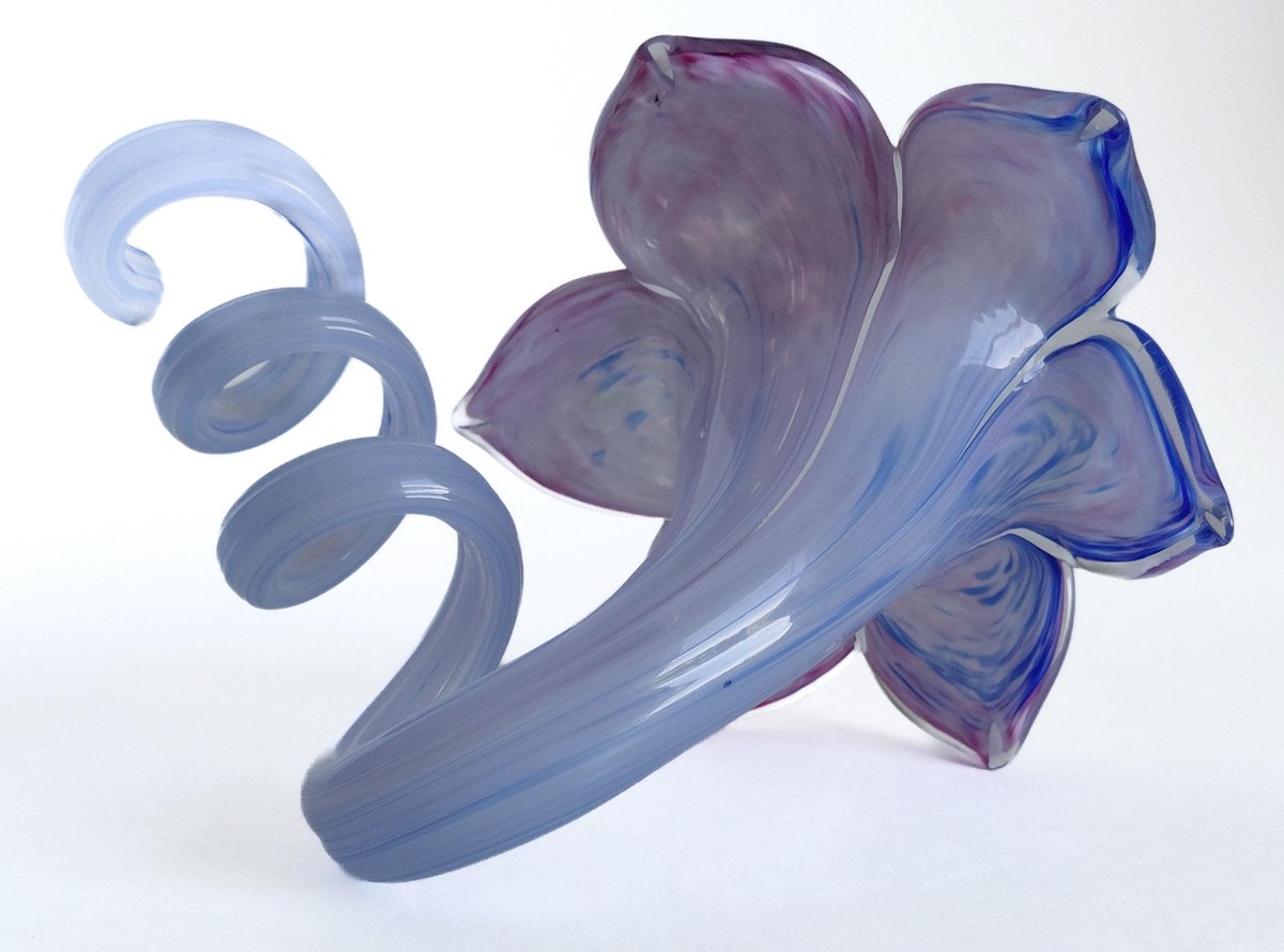 Vintage Hand Blown Art Glass Flower Sculpture 7 Inch Pink Blue Studio Glass Ribbon Decor, view 19