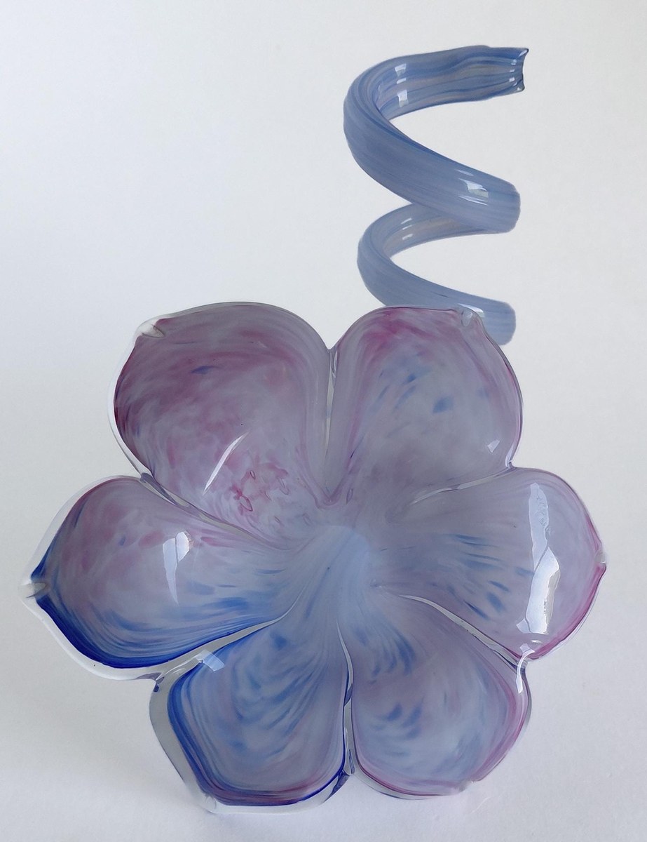Vintage Hand Blown Art Glass Flower Sculpture 7 Inch Pink Blue Studio Glass Ribbon Decor, view 2