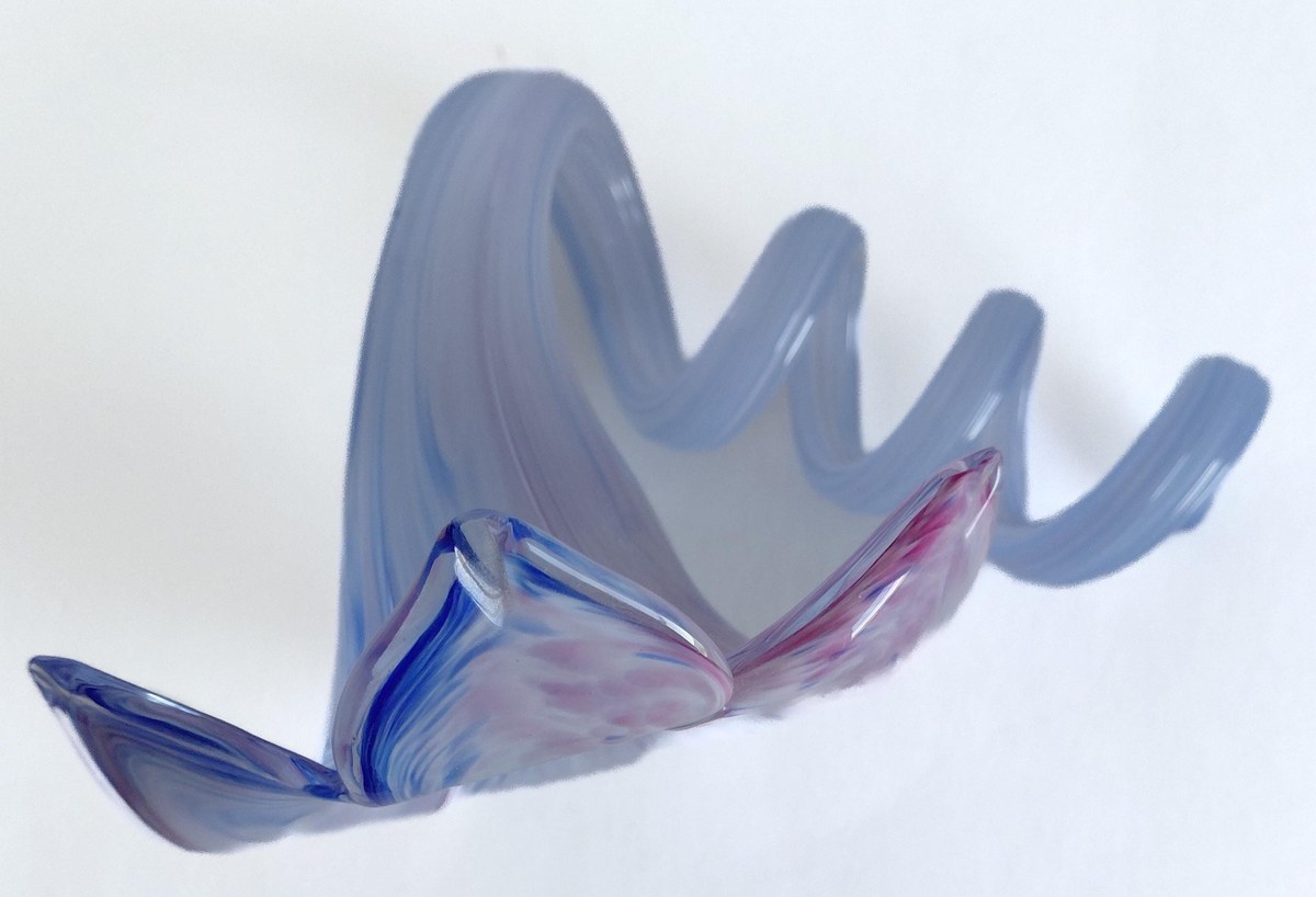 Vintage Hand Blown Art Glass Flower Sculpture 7 Inch Pink Blue Studio Glass Ribbon Decor, view 20