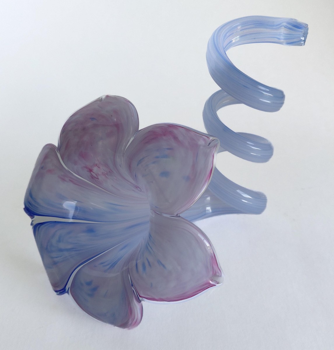 Vintage Hand Blown Art Glass Flower Sculpture 7 Inch Pink Blue Studio Glass Ribbon Decor, view 3