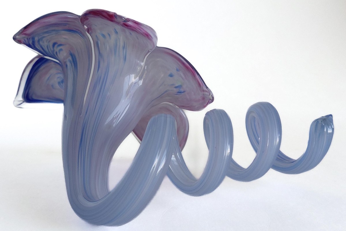 Vintage Hand Blown Art Glass Flower Sculpture 7 Inch Pink Blue Studio Glass Ribbon Decor, view 5