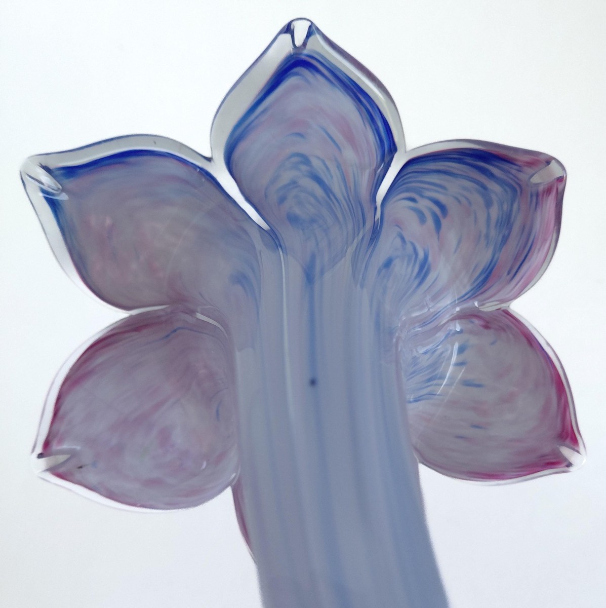 Vintage Hand Blown Art Glass Flower Sculpture 7 Inch Pink Blue Studio Glass Ribbon Decor, view 6