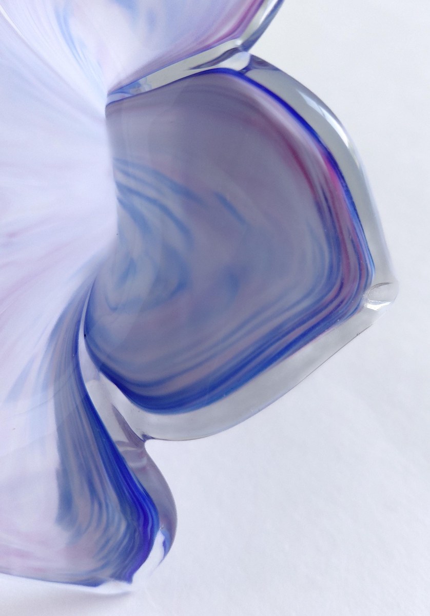 Vintage Hand Blown Art Glass Flower Sculpture 7 Inch Pink Blue Studio Glass Ribbon Decor, view 8