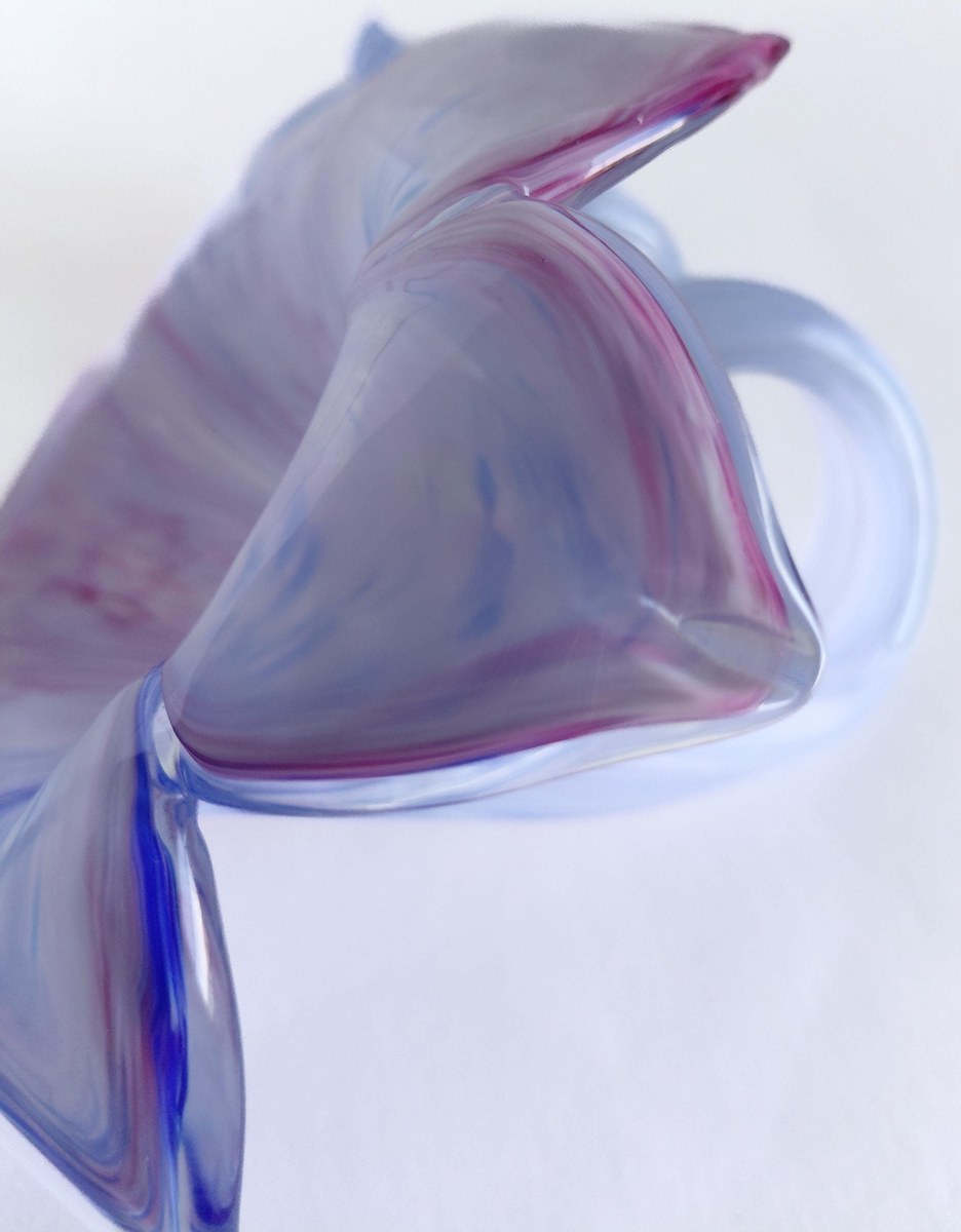 Vintage Hand Blown Art Glass Flower Sculpture 7 Inch Pink Blue Studio Glass Ribbon Decor, view 9