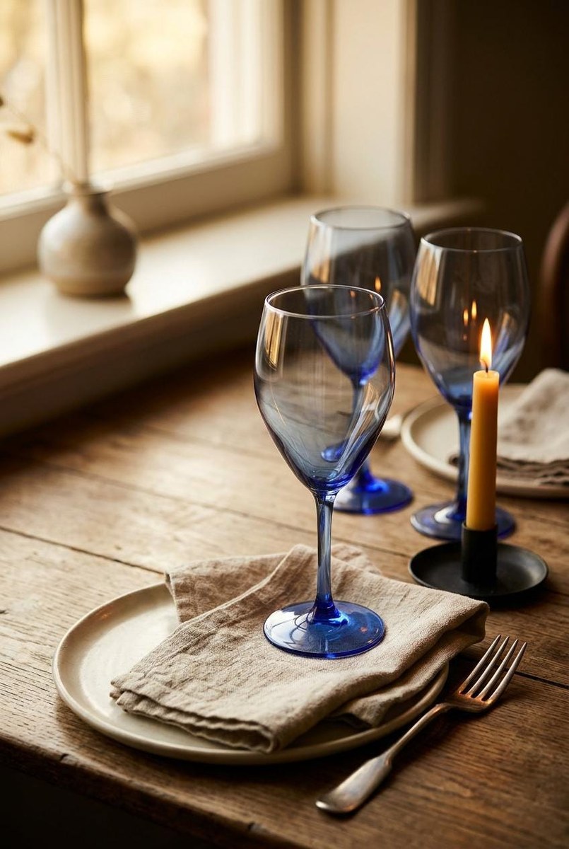Set of 6 Blue Crystal Wine Glasses Hand Blown Stemware Teardrop Goblets 6 Oz, view 16