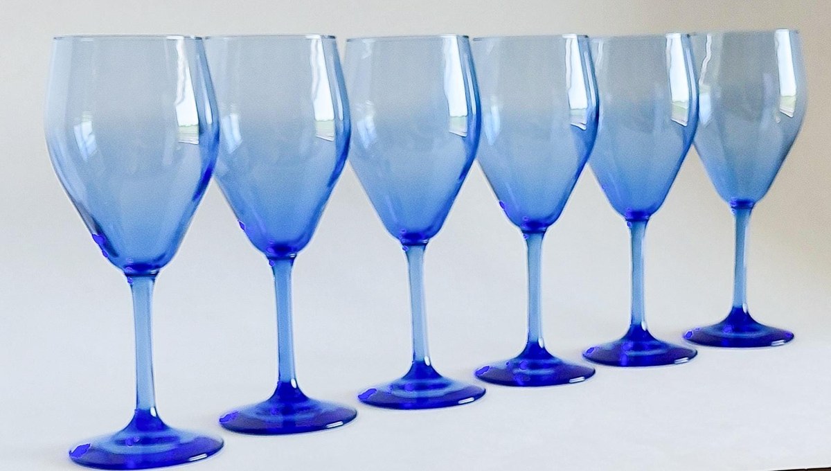 Set of 6 Blue Crystal Wine Glasses Hand Blown Stemware Teardrop Goblets 6 Oz, view 2