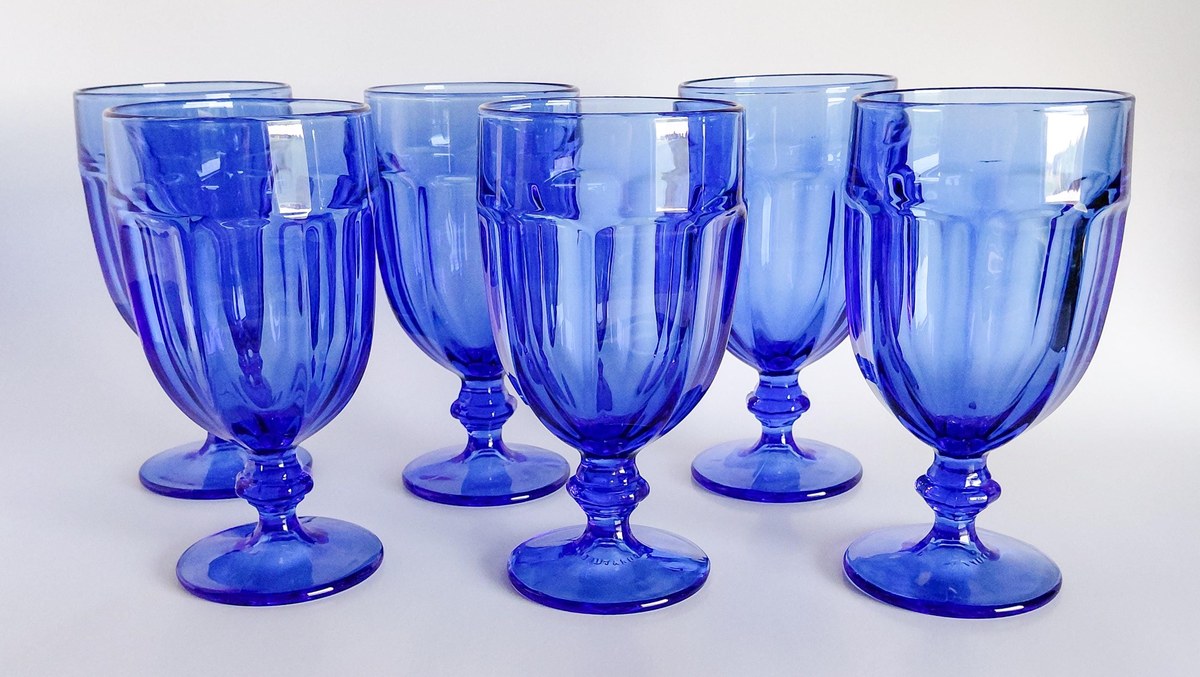 Libbey Gibraltar Cobalt Blue Iced Tea Goblets Set of 6 Vintage Blue Glasses Water Goblets Retro Barware, view 2