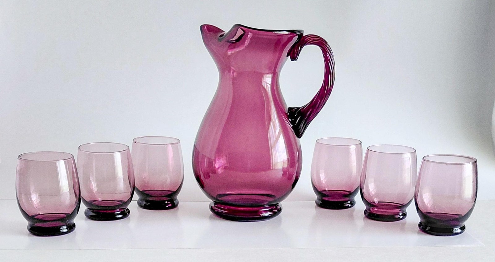 Vintage Italian Amethyst Glass Pitcher Set Hand Blown Purple Bubble Glass 7 Piece Drinkware Made in Italy
