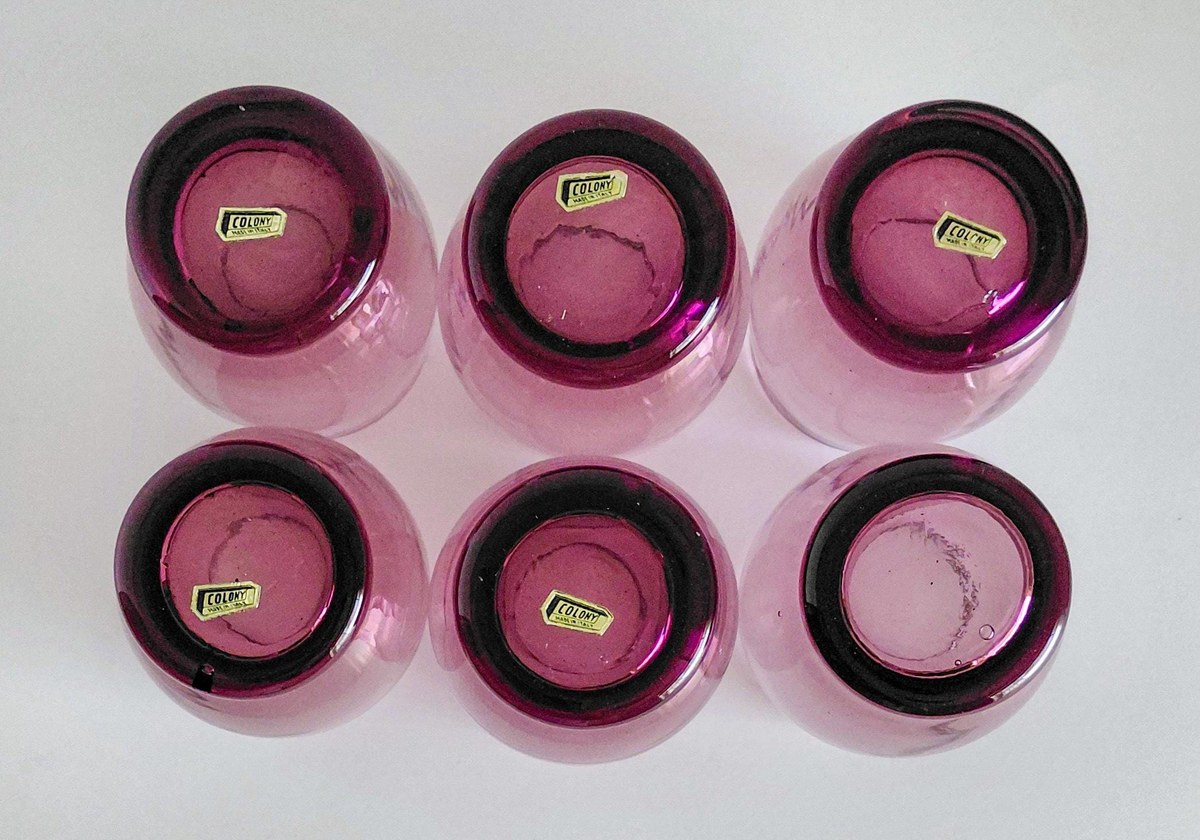 Vintage Italian Amethyst Glass Pitcher Set Hand Blown Purple Bubble Glass 7 Piece Drinkware Made in Italy, view 12