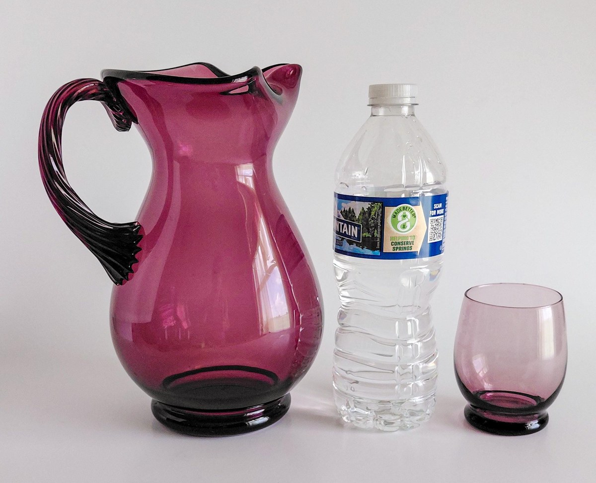 Vintage Italian Amethyst Glass Pitcher Set Hand Blown Purple Bubble Glass 7 Piece Drinkware Made in Italy, view 13