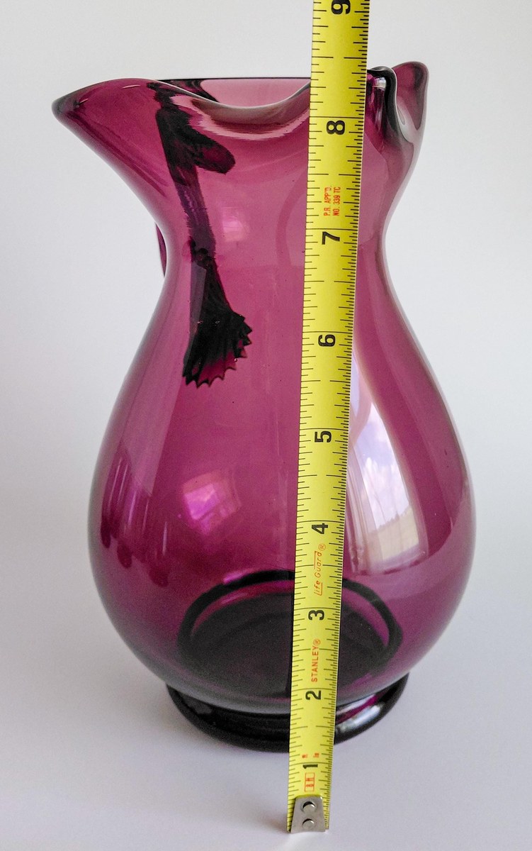 Vintage Italian Amethyst Glass Pitcher Set Hand Blown Purple Bubble Glass 7 Piece Drinkware Made in Italy, view 15