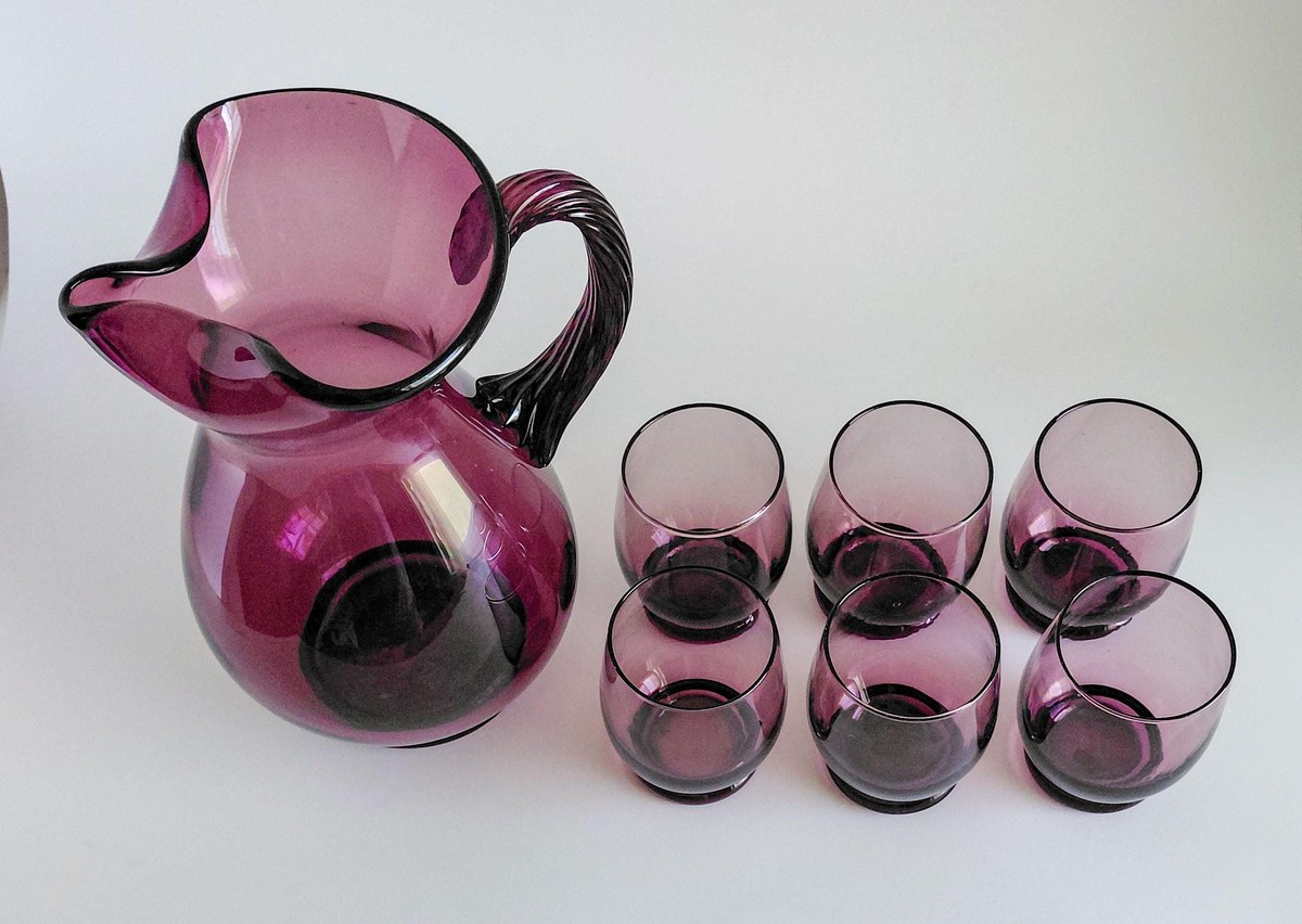 Vintage Italian Amethyst Glass Pitcher Set Hand Blown Purple Bubble Glass 7 Piece Drinkware Made in Italy, view 16