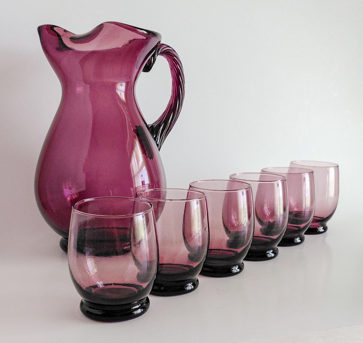 Vintage Italian Amethyst Glass Pitcher Set Hand Blown Purple Bubble Glass 7 Piece Drinkware Made in Italy, view 18