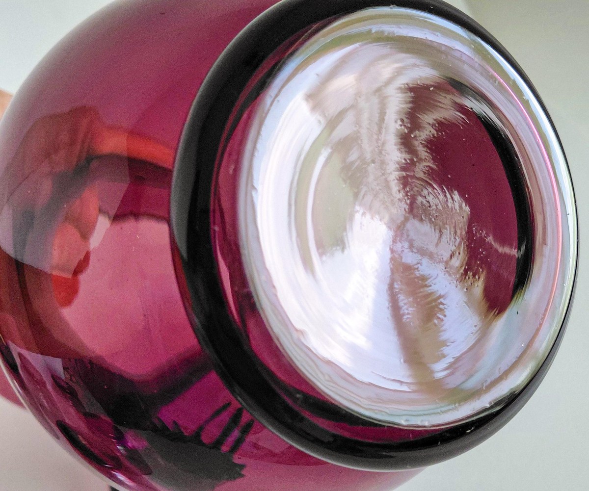 Vintage Italian Amethyst Glass Pitcher Set Hand Blown Purple Bubble Glass 7 Piece Drinkware Made in Italy, view 19