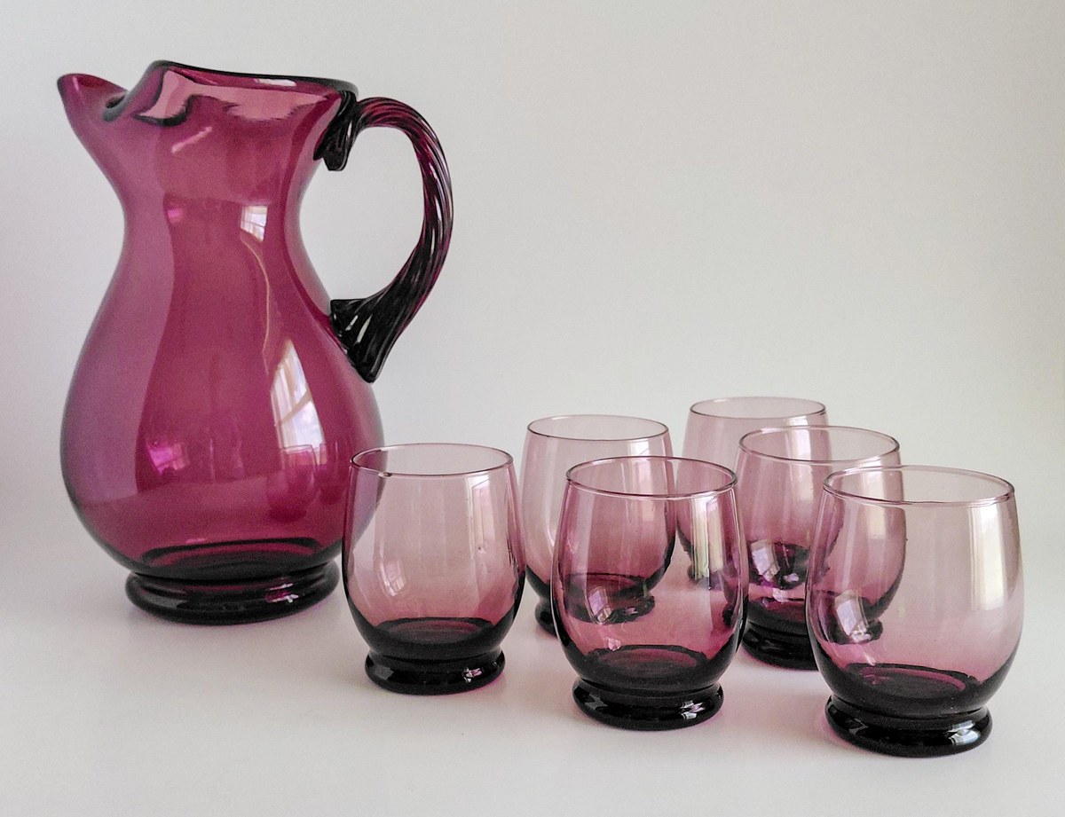 Vintage Italian Amethyst Glass Pitcher Set Hand Blown Purple Bubble Glass 7 Piece Drinkware Made in Italy, view 2