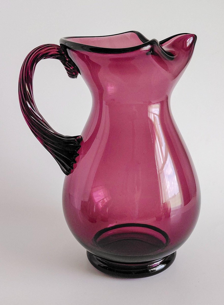 Vintage Italian Amethyst Glass Pitcher Set Hand Blown Purple Bubble Glass 7 Piece Drinkware Made in Italy, view 4
