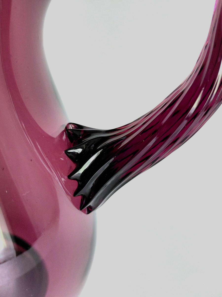 Vintage Italian Amethyst Glass Pitcher Set Hand Blown Purple Bubble Glass 7 Piece Drinkware Made in Italy, view 5
